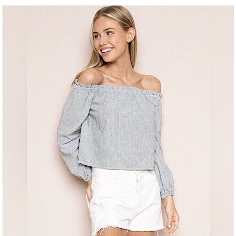 Brandy Melville Womens Long Sleeve Theia Off The Shoulder Striped Top